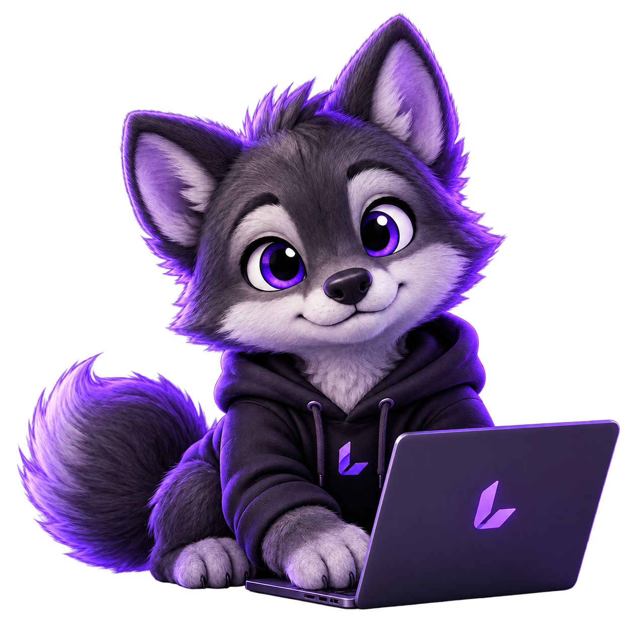 LaceLabs wolf mascot sitting at a computer